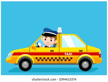 Vector yellow taxi car and a male driver character