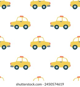 Vector amarillo taxi patrón sin fisuras. Lindo patrón de taxi plano sobre fondo blanco