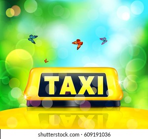 Vector yellow taxi sign on the car on a blue- green background