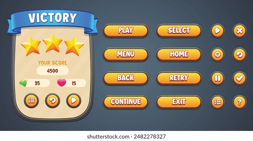 Vector yellow theme premium game UI kit. Set of victory menu scene pop up, icons, and buttons with editable text effect. Game UI kit in cartoon style.