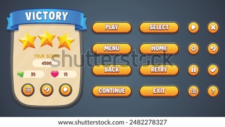 Vector yellow theme premium game UI kit. Set of victory menu scene pop up, icons, and buttons with editable text effect. Game UI kit in cartoon style.