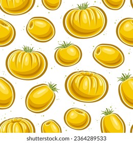 Vector Yellow Tomato seamless pattern, repeat background with various cut out ripe farming tomatoes for bed linen, decorative square poster with group of flat lay whole tomato fruits for home interior