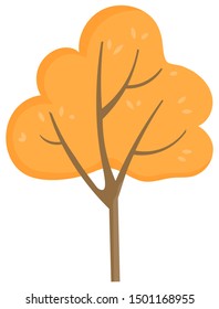 Vector yellow tree with golden leaves on branches, fall season. Thin brown trunk of forest or garden plant. Beautiful landscape of autumn park illustration. Isolated object on white background