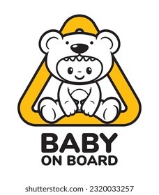 Aviso de autoadhesivo de coche del triángulo de color amarillo vector de un niño en el auto. Imagen de un niño con un disfraz de oso de peluche sentado en un triángulo y el texto BABY ON BOARD. Aislado sobre fondo blanco