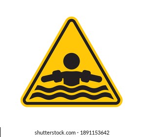 Vector Yellow Triangle Sign - Baby With Water Wings On Waves. Isolated On White Background.