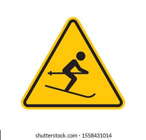 Vector yellow triangle sign - black silhouette figure skier. Isolated on white background.