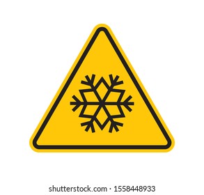 Vector yellow triangle sign - black silhouette snowflake. Isolated on white background.