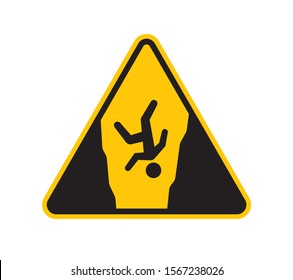 Vector yellow triangle sign - black silhouette figure falling into the gorge. Isolated on white background.