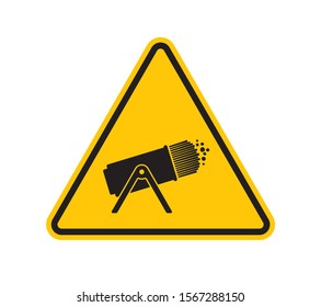 Vector yellow triangle sign - black silhouette snow cannon. Isolated on white background.