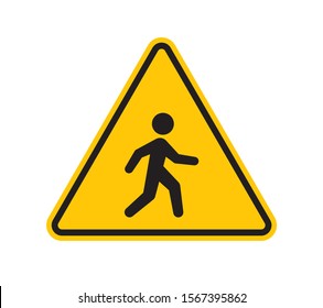 Vector yellow triangle sign - black silhouette figure walker. Isolated on white background.
