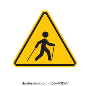 Vector yellow triangle sign - black silhouette figure nordic walking. Isolated on white background.