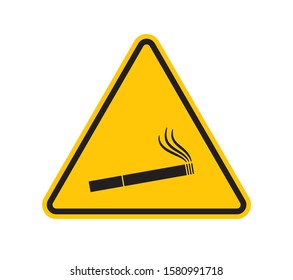 Vector yellow triangle sign - black silhouette cigarette. Isolated on white background.