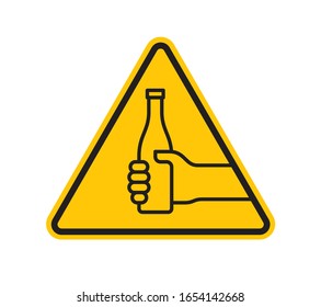 Vector yellow triangle sign - black silhouette hand holding a bottle. Isolated on white background.