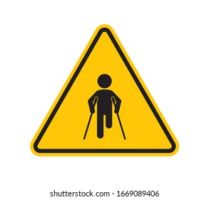 Vector yellow triangle sign - black silhouette lame figure. Isolated on white background.
