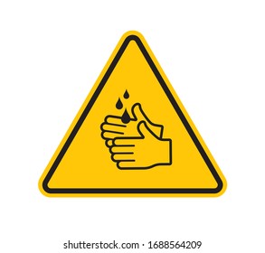 Vector yellow triangle sign - black silhouette washing hands. Isolated on white background.