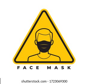 Vector yellow triangle sign - black line man with medical face mask. Isolated on white background.