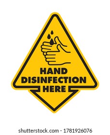 Signo del triángulo amarillo vectorial - silueta negra lavándose la mano con desinfección. Aislado sobre fondo blanco.