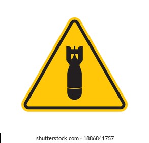 Vector yellow triangle sign - black silhouette bomb symbol. Isolated on white background. 