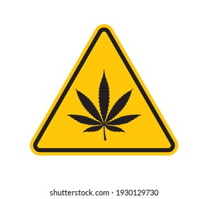 Signo del triángulo amarillo vectorial - silueta negra hoja de marihuana. Aislado sobre fondo blanco. 