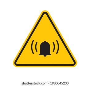 Vector yellow triangle sign - black silhouette bell, alarm symbol. Isolated on white background.