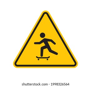 Vector yellow triangle sign - black silhouette symbol skateboarder. Isolated on white background. 