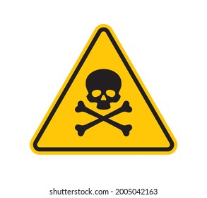 Vector yellow triangle sign - black silhouette skull with crossbones. Danger of death. Isolated on white background. 