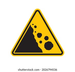 Vector yellow triangle sign - black silhouette landslide. Rockfall. Danger of avalanche. Isolated on white background.