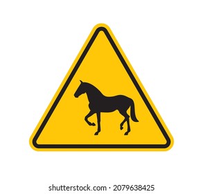 Vector yellow triangle sign - black silhouette horse. Isolated on white background. 