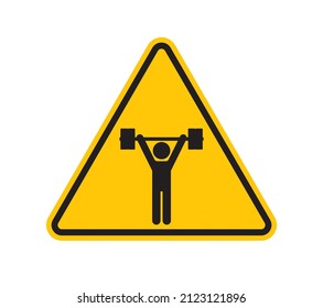 Vector yellow triangle sign - black silhouette weightlifter, sport symbol. Isolated on white background.