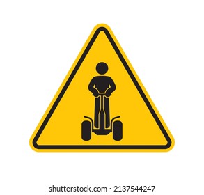 Vector yellow triangle sign - black silhouette figure riding on personal means of transport. Isolated on white background.
