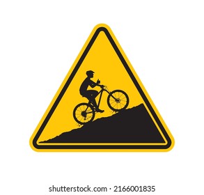 Vector yellow triangle sign - black silhouette biker on cycle going uphill. Isolated on white background.