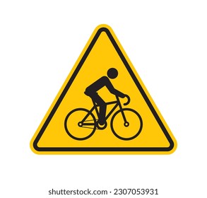 Vector yellow triangle sign - black silhouette biker on cycle. Isolated on white background.