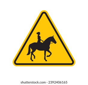 Vector yellow triangle sign - black silhouette figure riding a horse. Isolated on white background. 