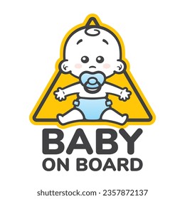 Señal del triángulo amarillo vectorial con niño con pacificador y texto - Bebé a bordo. Fondo blanco aislado.