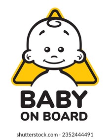 Señal del triángulo amarillo vectorial con una linda y pequeña figura y texto de la cabeza infantil - Bebé a bordo. Fondo blanco aislado.