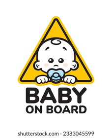 Vector yellow triangle sign with cute and little boy head with pacifier and text - Baby on board. Isolated white background.