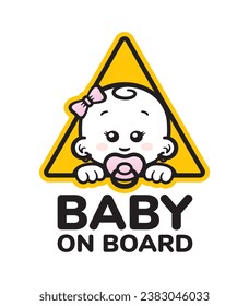 Vector yellow triangle sign with cute and little girl head with pacifier and text - Baby on board. Isolated white background.