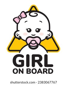 Vector yellow triangle sign with cute and little girl head with pacifier and text - Girl on board. Isolated white background.