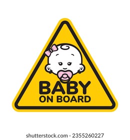 Vector yellow triangle sign with little girl head with bows in hair and text - Baby on board. Isolated white background.