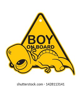 Vector yellow triangle sign sticker, lying baby dinosaur with text - Boy on board. Isolated on white background.