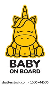 Vector yellow triangle sign sticker baby unicorn with text BABY ON BOARD. Isolated on white background.