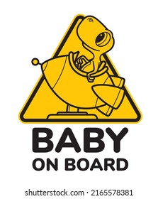 Vector yellow triangle sign sticker line cartoon baby dinosaur sitting in a spaceship model with text BABY ON BOARD. Isolated on white background.