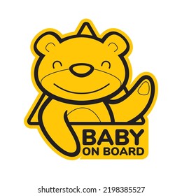Vektor-gelber Dreiecksschild-Aufkleber Baby Teddybär mit Text BABY ON BOARD. Einzeln auf weißem Hintergrund.
