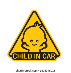 Vector yellow triangle sign with waving baby and text - Baby on board. Isolated white background.