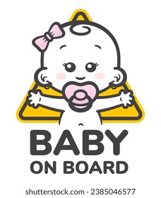 Vector yellow triangular sign with a cute little girl with a pacifier and the text - baby on board. Isolated white background.