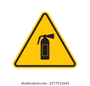 Vector yellow triangular sign with the symbol of fire extinguisher. Isolated on white background.