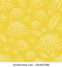 Vector yellow tropical beach resort repeat flowers pattern. Suitable for gift wrap, textile and wallpaper. Surface pattern design.
