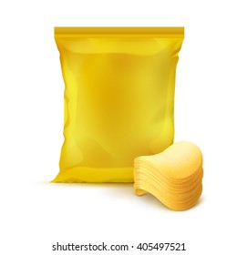 Vector Yellow Vertical Sealed Foil Plastic Bag for Package Design with Stack of Potato Crispy Chips Close up Isolated on Background