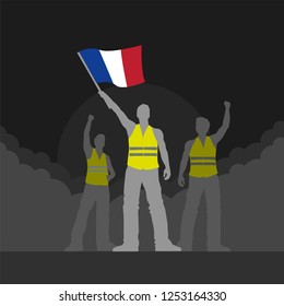 Vektorgelbe Westentronen-Demonstranten-Illustration. Männer Silhouetten. 