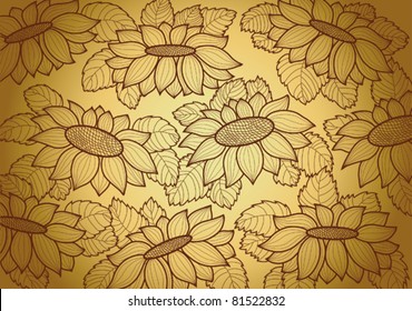Vector yellow wallpaper with brown sunflowers